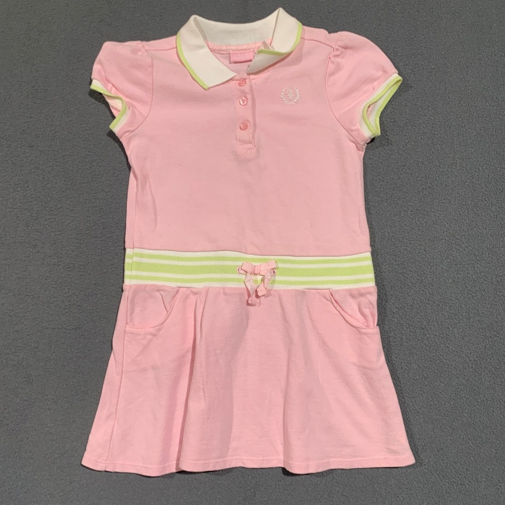 Girls IZOD Light Pink Polo Dress with Chartreuse Green Trim and Bow Prep Size 6β